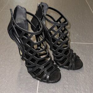 Bebe Black Croc Strappy Heels